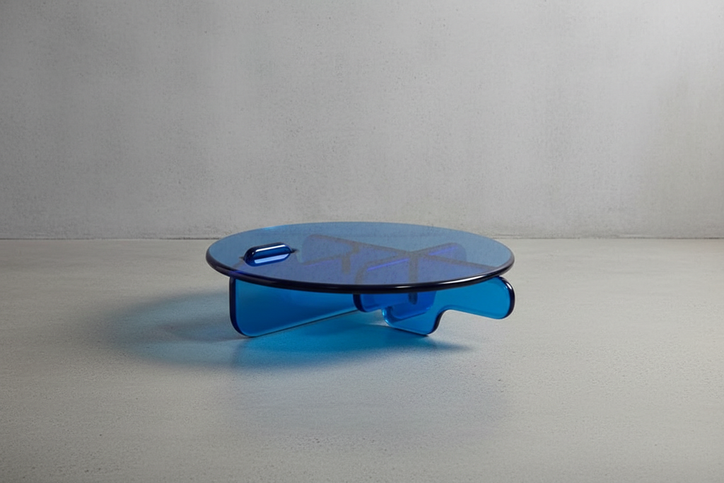 Contemporary plump transparant blue acrylic round coffee table