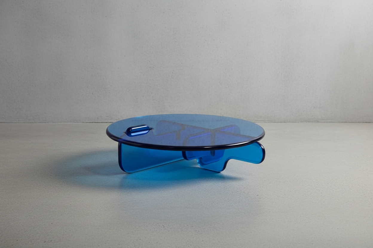 Contemporary plump transparant blue acrylic round coffee table