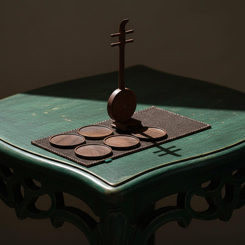 Organic hexagonal fusion round "Instrument" tea walnut coaster set