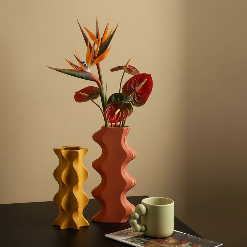Memphis wave ceramic flower vase mirror chrome sculptural collection