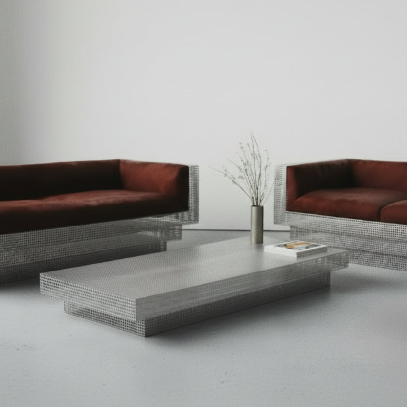 Brutalist grid perforated steel cognac sofa