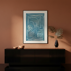 Linocut inspired modern blue line art print