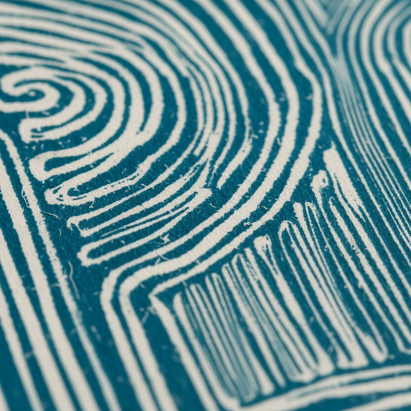 Linocut inspired modern blue line art print