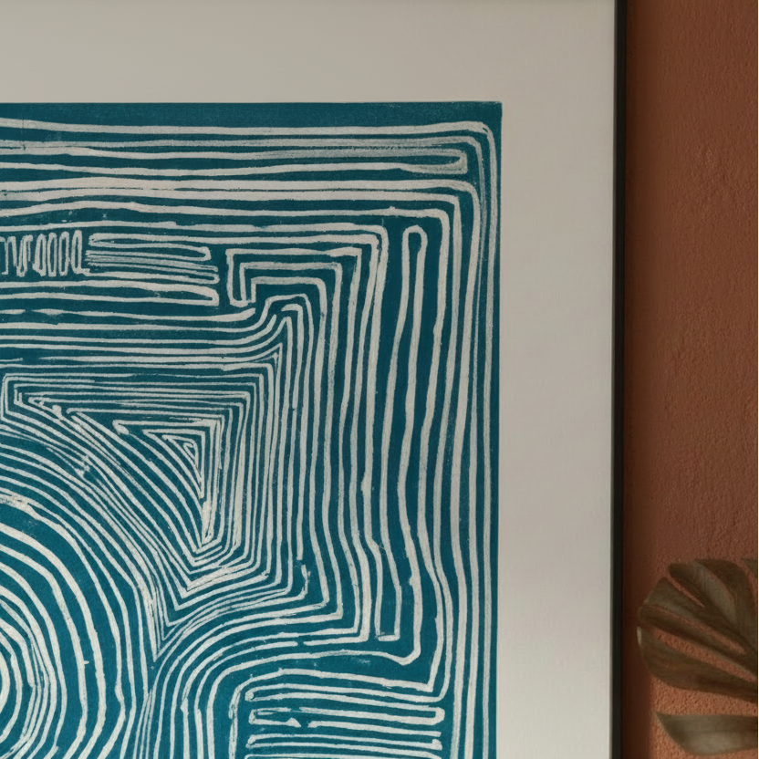 Linocut inspired modern blue line art print