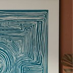 Linocut inspired modern blue line art print