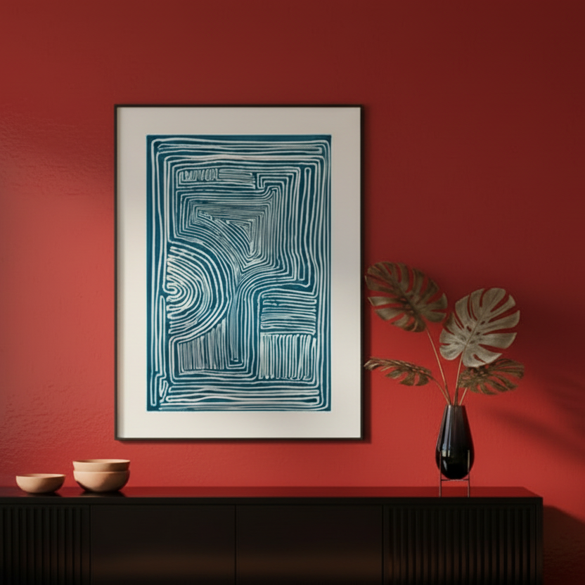Linocut inspired modern blue line art print
