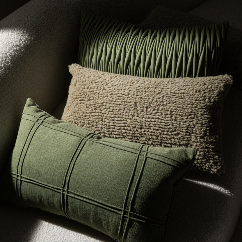 Contemporary textured embroidery relief organic green cushion cover