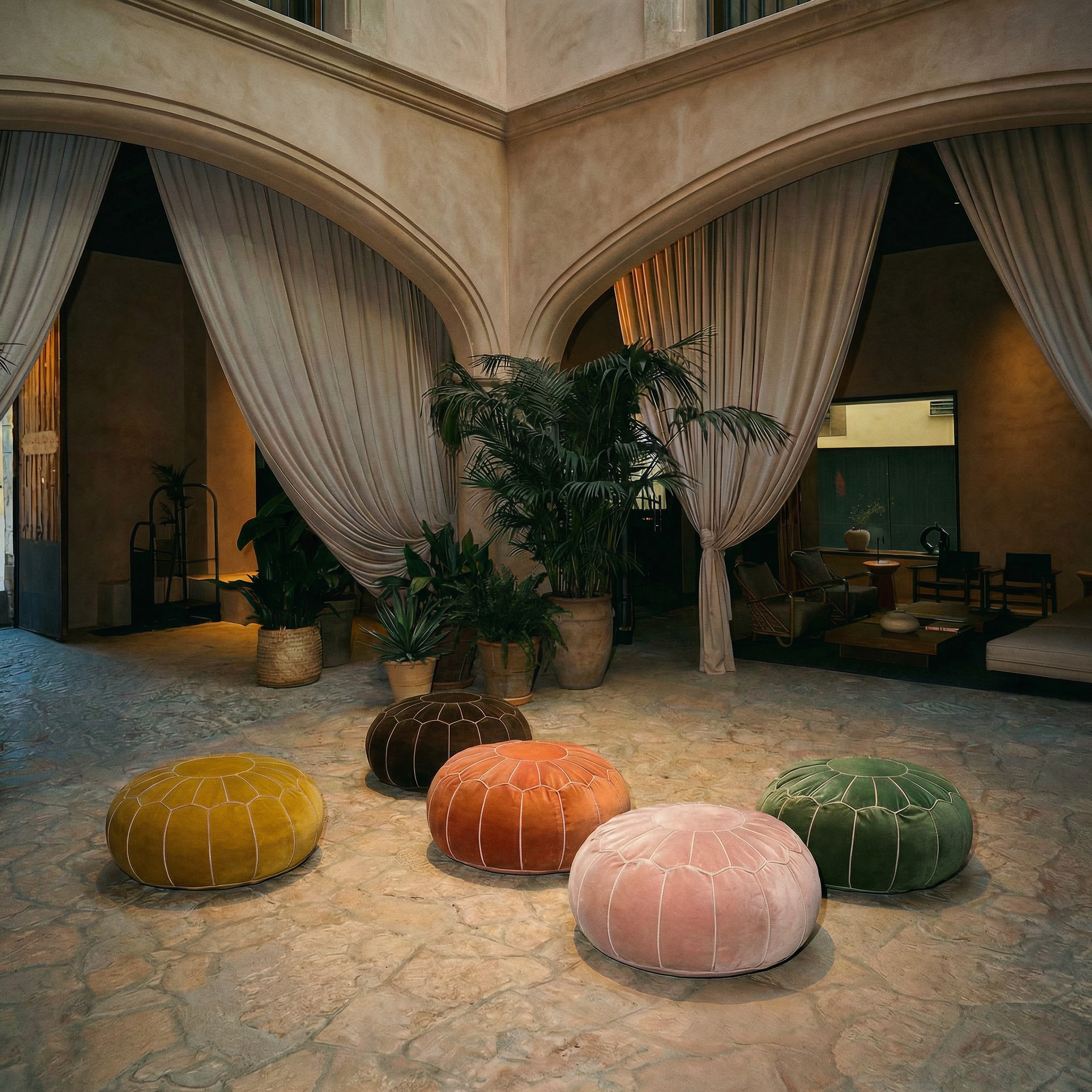 Minimalist oriental velvet moroccan embroidery pouf 16th century