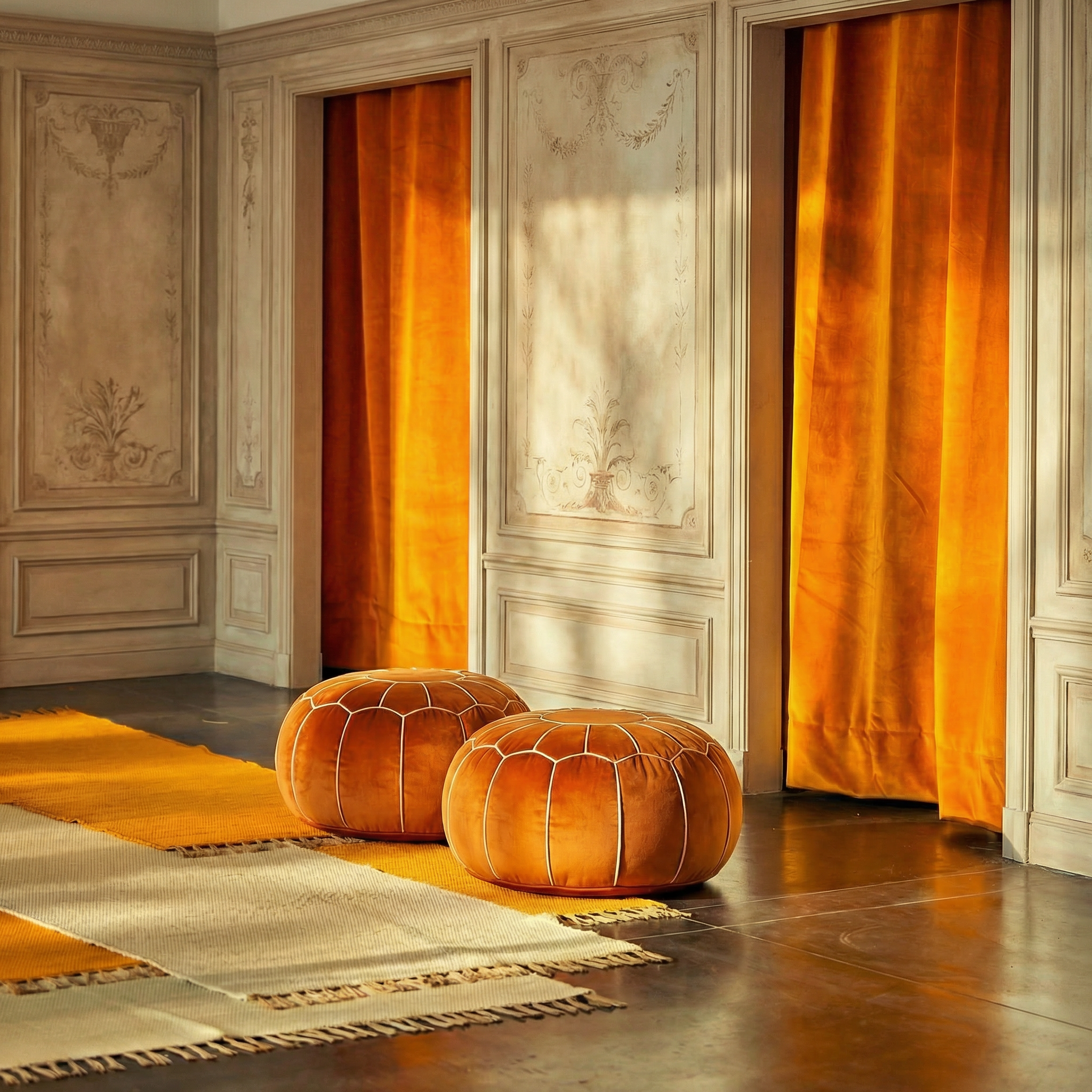 Minimalist oriental velvet moroccan embroidery pouf 16th century