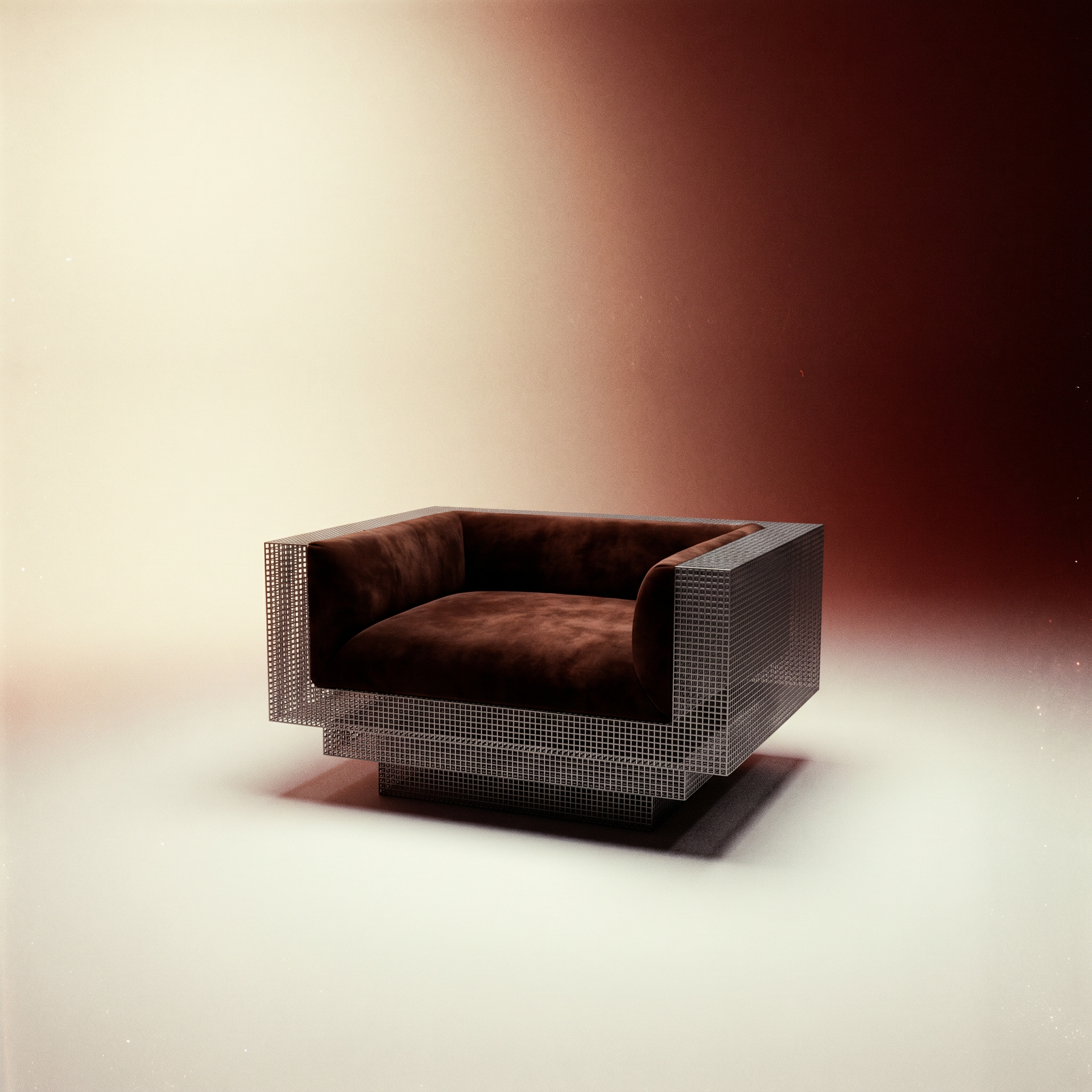 Brutalist grid perforated steel cognac sofa