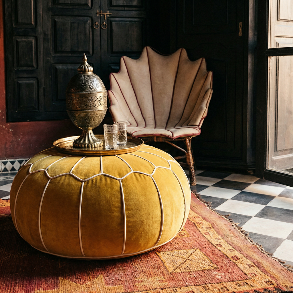 Minimalist oriental velvet moroccan embroidery pouf 16th century