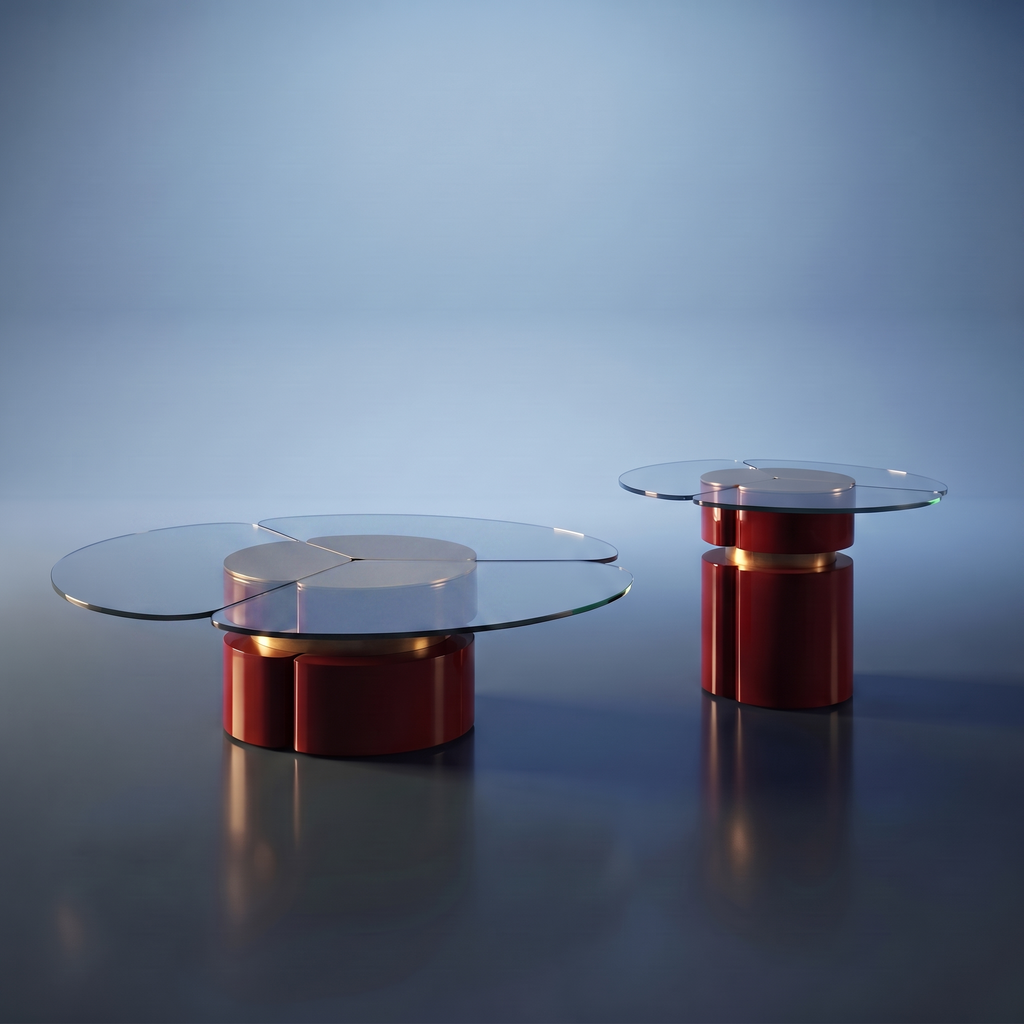 Italian space age contemporary red stainless steel coffee table set