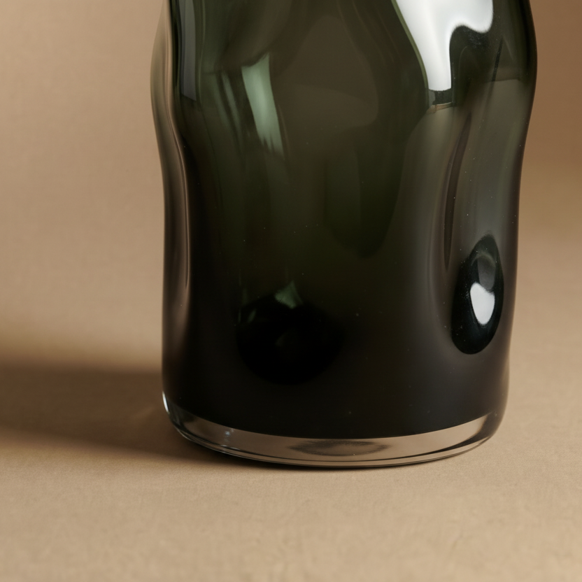 Smoked glass vase with organic dimpled surface sculptural form