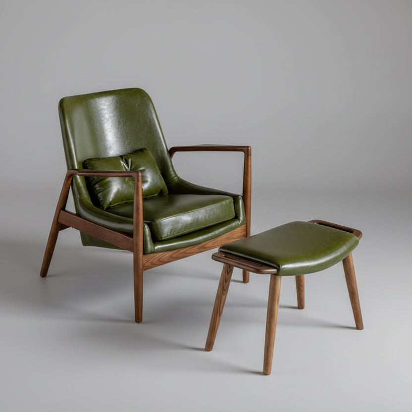 Contemporary Danish walnut leather lounge chair ottoman