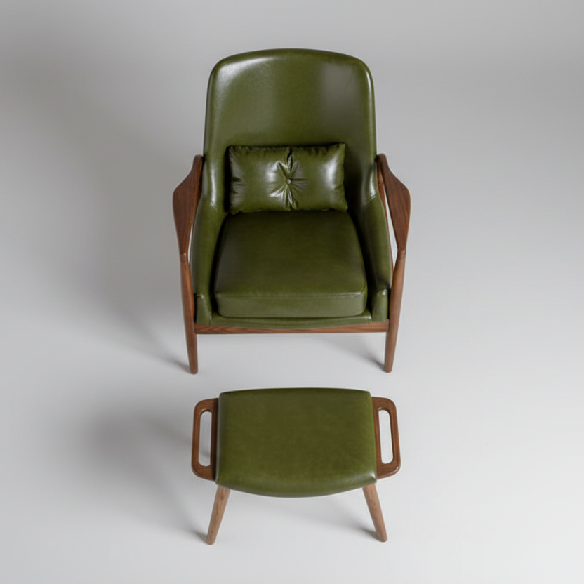 Contemporary Danish walnut leather lounge chair ottoman
