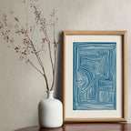 Linocut inspired modern blue line art print