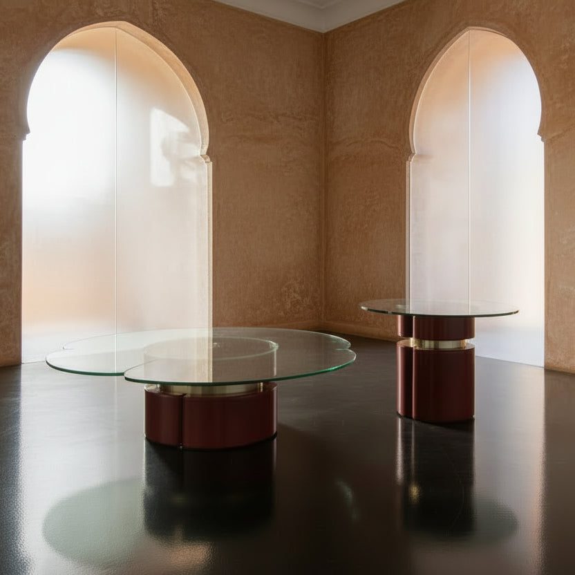 Italian space age contemporary red stainless steel coffee table set