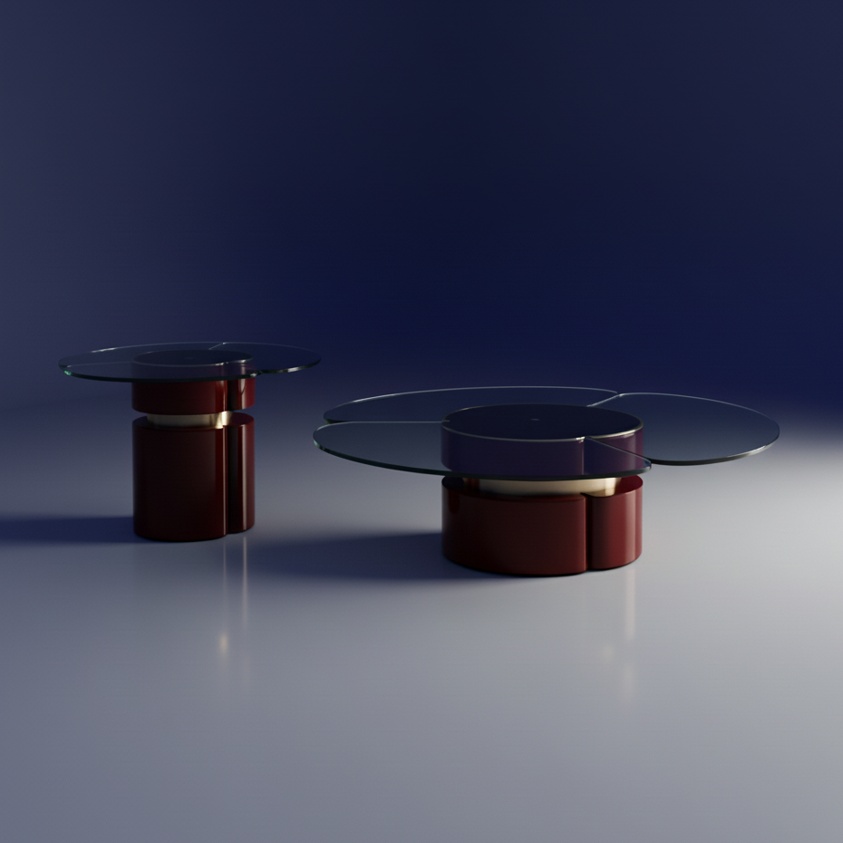 Italian space age contemporary red stainless steel coffee table set