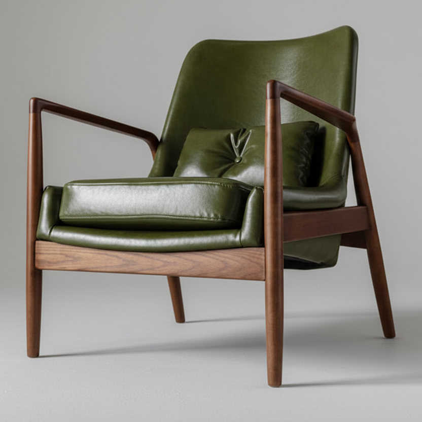 Contemporary Danish walnut leather lounge chair ottoman