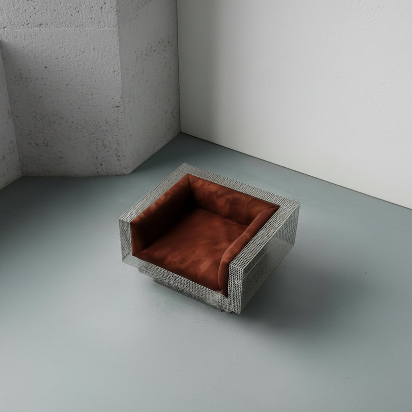 Brutalist grid perforated steel cognac sofa
