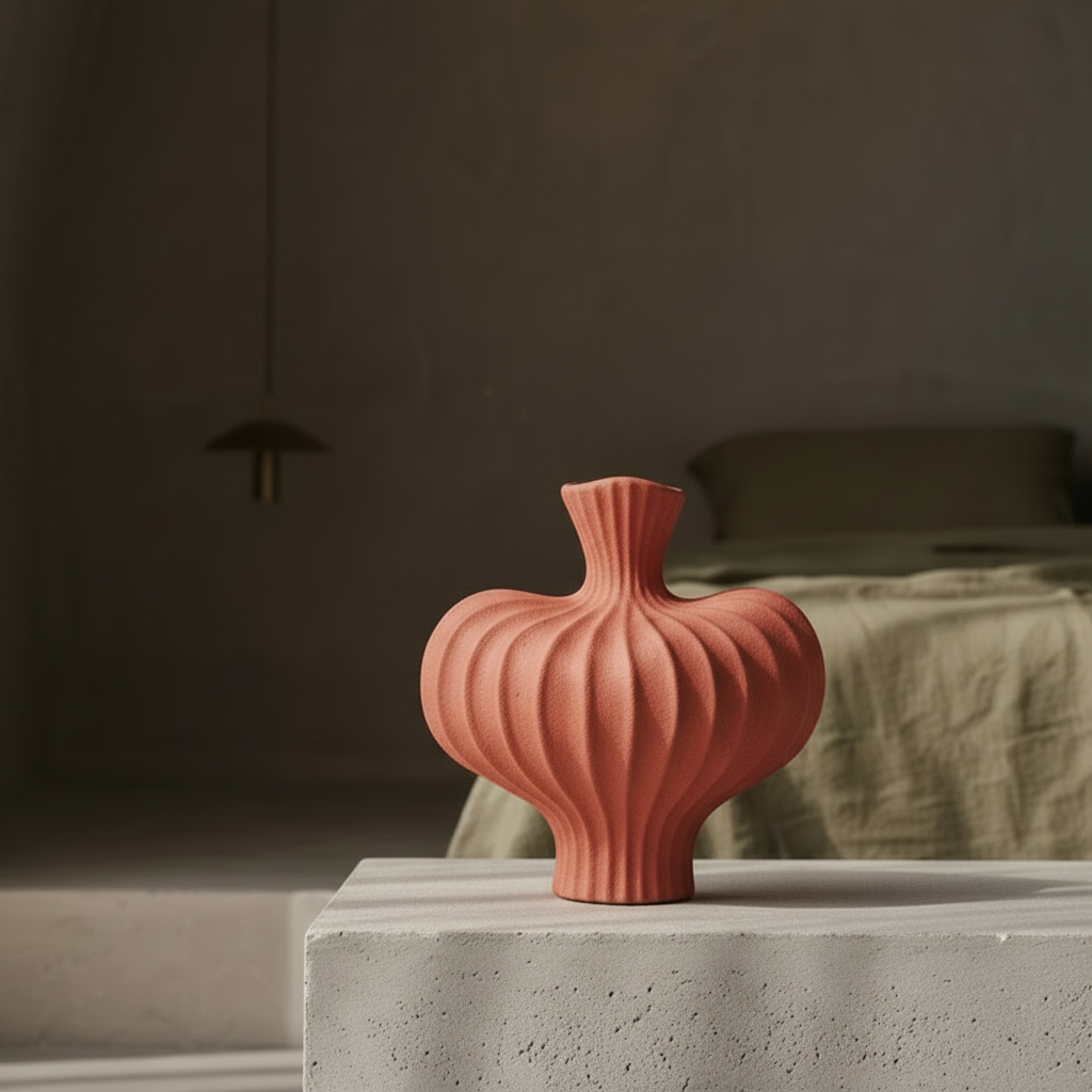 Ribbed biomorphic artisan pottery vase