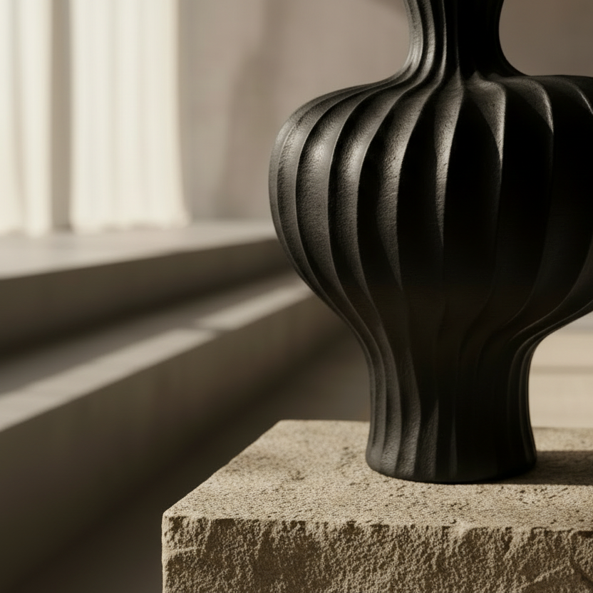 Ribbed biomorphic artisan pottery vase