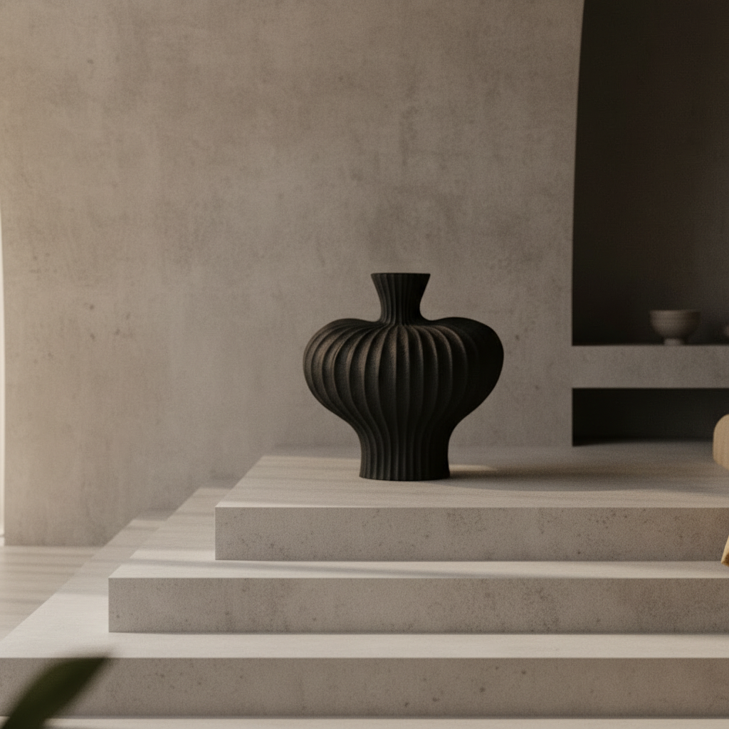 Ribbed biomorphic artisan pottery vase