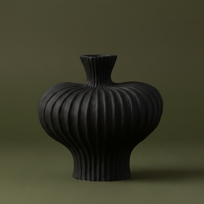 Ribbed biomorphic artisan pottery vase