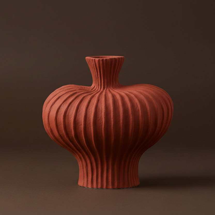 Ribbed biomorphic artisan pottery vase